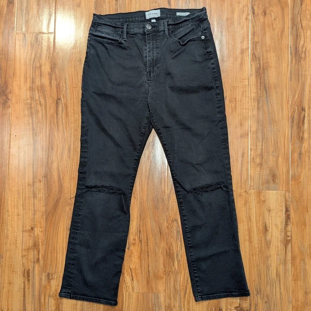 Frame Le High Straight‎ Leg Jeans Women's 32 Black Distressed Knee Denim Pant